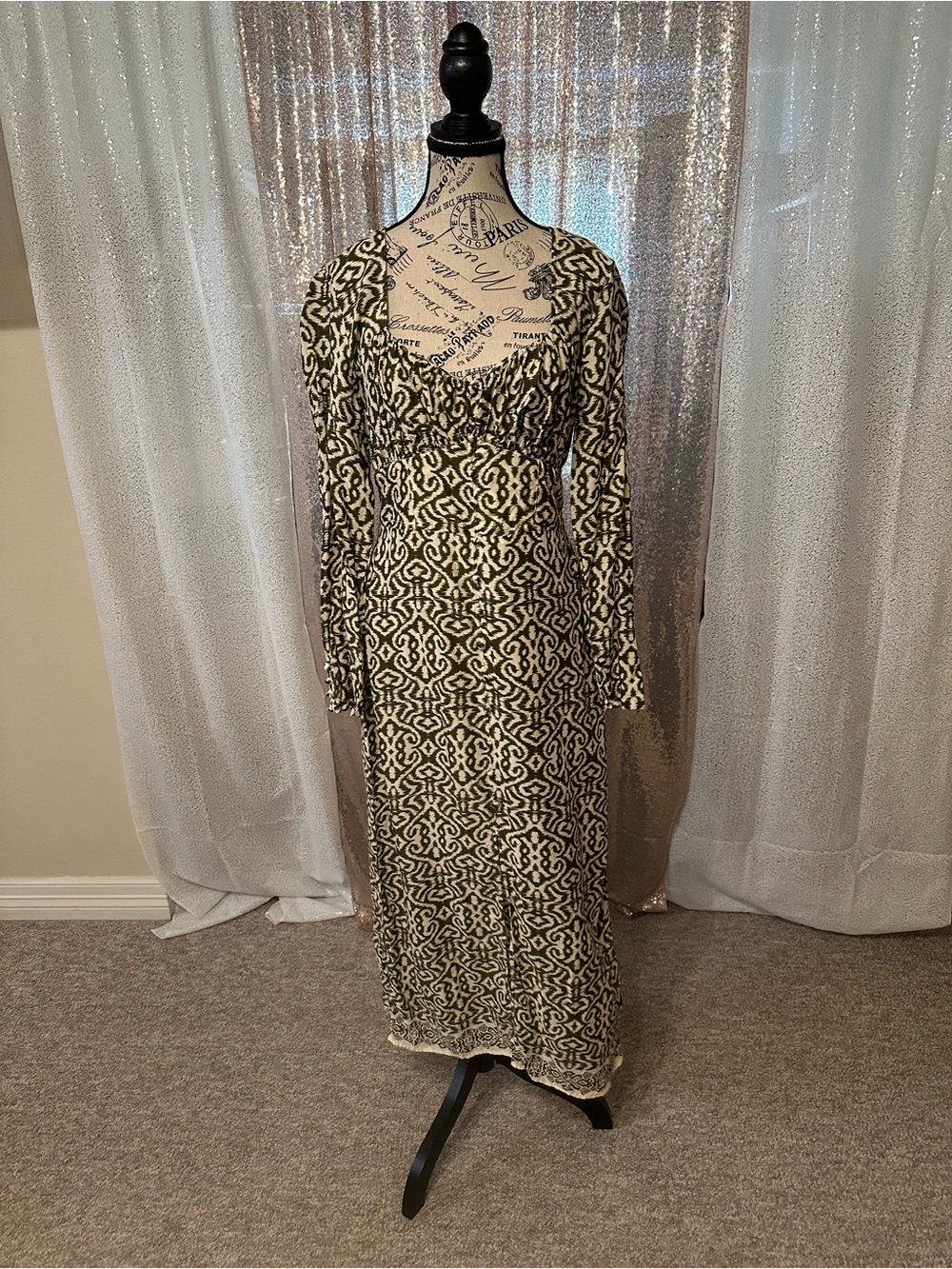 Zara Olive & Cream Geometric Long Sleeve Maxi Dress